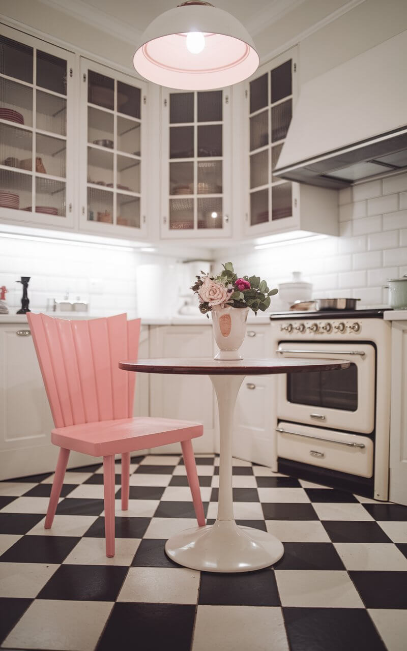 A retro-inspired kitchen with a vintage oven, a pedestal table, and a pink accent chair. The kitchen has white cabinets with glass-paneled doors, a classic black-and-white checkered floor, and an overhead pendant light. The pink chair adds a splash of playfulness to the space.