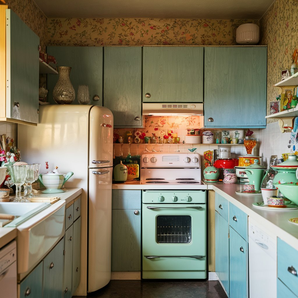 A nostalgic, charming vintage kitchen, filled with pastel-colored appliances that transport you back in time. The walls are adorned with floral wallpaper, and the cabinets have a muted pastel blue hue. A vintage white refrigerator and a mint green oven add to the vintage charm. The countertops are adorned with a variety of colorful retro dishware and glassware. The overall ambiance is warm, inviting, and reminiscent of a bygone era.