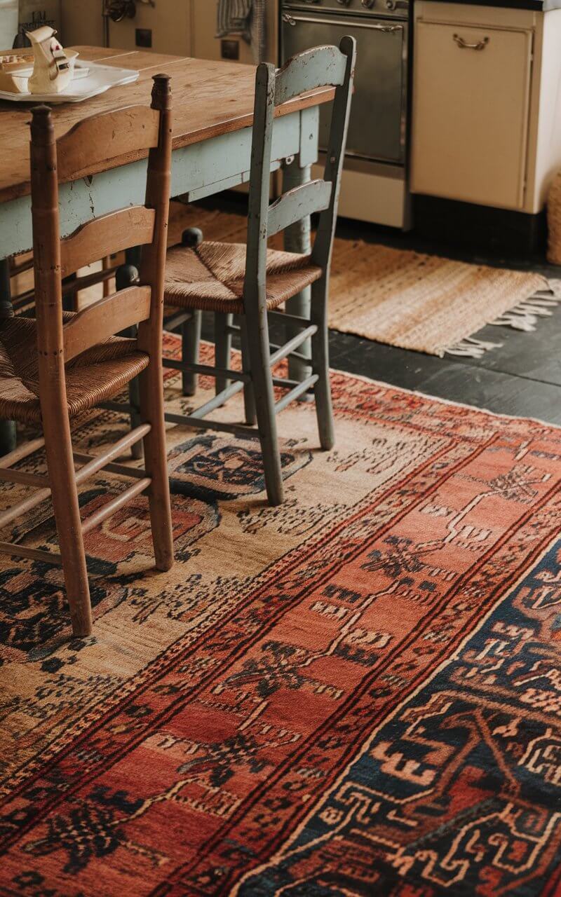 A cozy vintage kitchen with a rustic farmhouse table and antique chairs. The floor is covered with a Persian-style rug with intricate designs. Near the stove, there's a smaller woven rug in muted tones. The blend of colors and textures creates a sense of warmth.