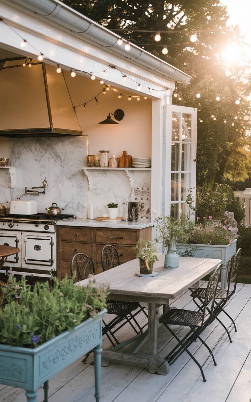 A photo of a beautiful vintage kitchen that seamlessly extends into an outdoor dining space. The kitchen has a white marble countertop, a vintage stove, and a wooden cabinet. The outdoor dining space has a weathered wooden dining table and wrought-iron bistro chairs. There are vintage-inspired planters filled with fragrant herbs and flowers. String lights drape overhead, casting a warm and nostalgic glow as the sun sets.