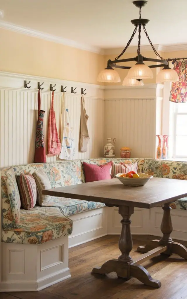 A photo of a welcoming kitchen with a built-in sectional bench upholstered in a retro floral fabric. The bench wraps around a wooden dining table with turned legs, creating a cozy and communal seating area. Overhead, a wrought-iron chandelier with frosted glass shades casts a warm glow. The backdrop includes soft cream walls with beadboard paneling and a row of hooks holding vintage aprons. A mix of colorful cushions on the bench adds a touch of whimsy and enhances the nostalgic feel.