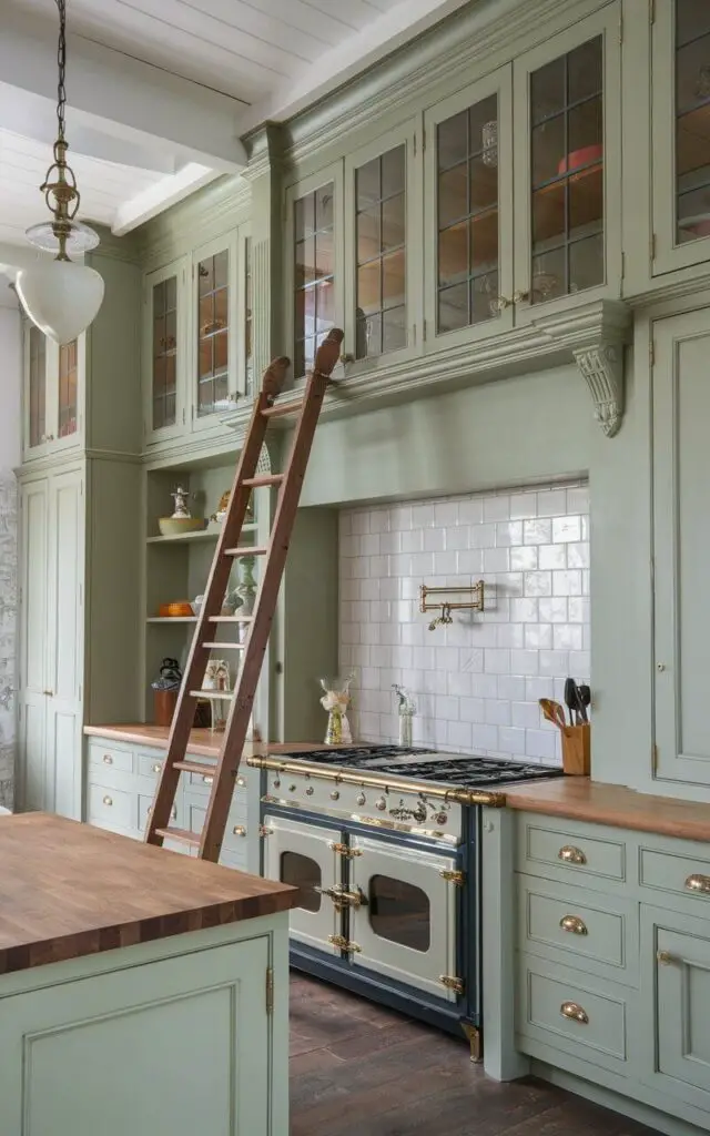 A photo of a grand kitchen with towering vintage-inspired cabinets painted in a soft sage green, with glass inserts. The cabinets reach the ceiling, creating ample storage space while emphasizing vertical height. A rolling library ladder adds functionality and charm, allowing easy access to higher shelves. The countertops are finished in butcher block, and a retro-style range with brass detailing anchors the space. Pendant lights with milk glass shades hang from the ceiling, completing the classic look.