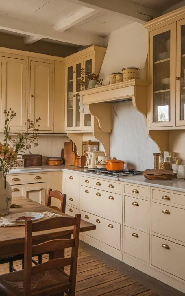 A cozy vintage kitchen bathed in soft cream and antique white hues. The warm palette features classic cabinetry with brass knobs, white marble countertops, and a rustic wooden table, creating an inviting atmosphere reminiscent of a bygone era.