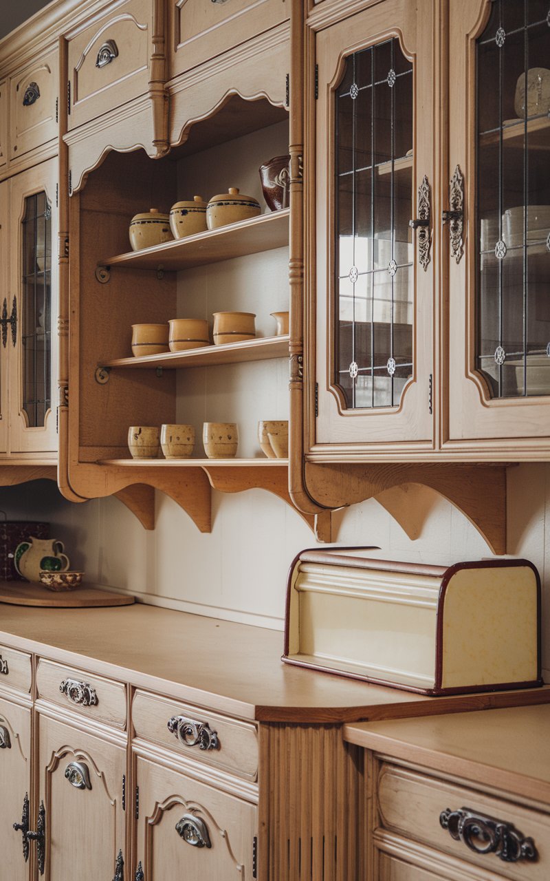 A vintage kitchen with wooden cabinets, open shelving, and a hutch with glass-front doors. The cabinets have intricate carvings and a soft, distressed finish. There are polished metal handles and decorative brackets. The shelves display antique kitchenware, including vintage ceramic jars and cups. A retro-inspired storage unit with rounded edges and a subtle aged patina is present. The overall atmosphere is warm and nostalgic.