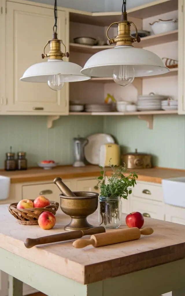 A vintage kitchen with a central butcher block table, adorned with antique kitchen tools such as a brass mortar and pestle, a vintage rolling pin, and a small glass jar filled with fresh herbs. A woven basket of apples rests on one corner. Above the table, a pair of antique pendant lights with brass fittings casts a warm glow. The background features cream-colored cabinetry, open shelves displaying vintage dishware, and a soft green backsplash.