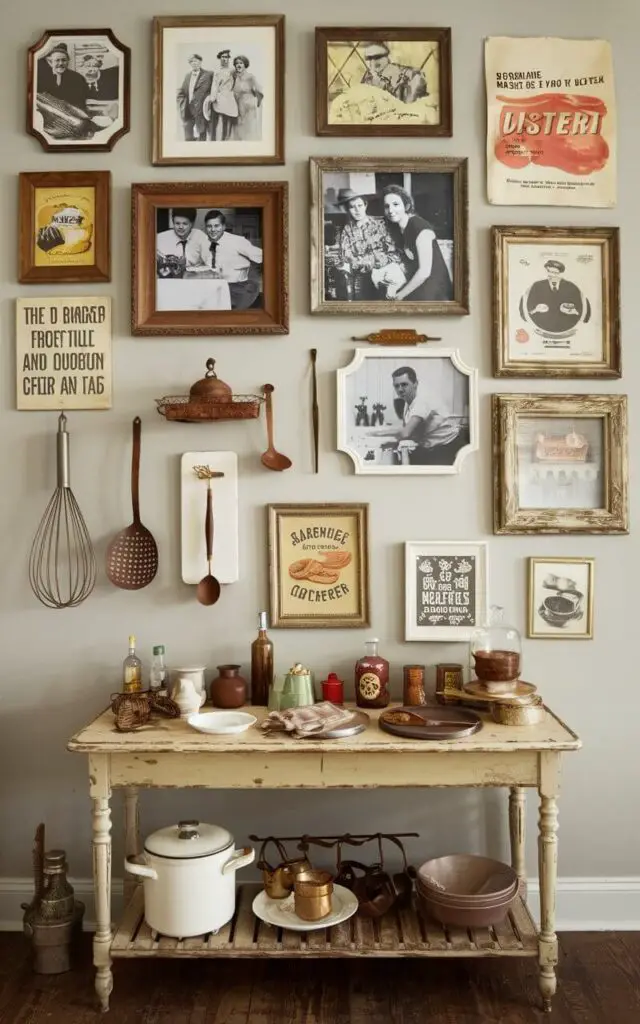 A full cozy vintage kitchen with a large gallery wall of mismatched antique frames. Each frame contains a piece of vintage kitchen history, such as old black-and-white photos of family gatherings and retro food advertisements from the 1940s. Antique kitchen tools, such as rusted whisks and ladles, are also mounted on the wall, mixed with quirky vintage typography prints. A distressed wooden table sits nearby, adorned with an assortment of retro kitchen items.