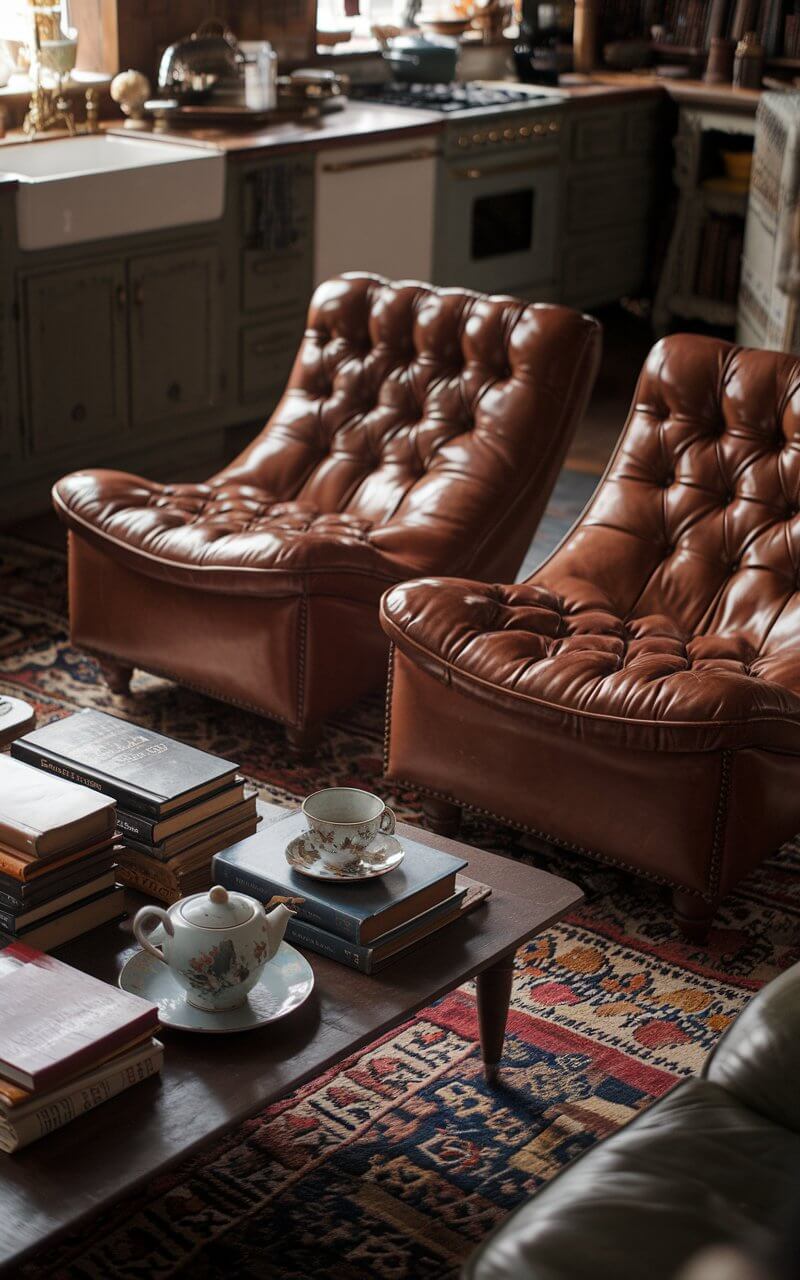 A photo of a sophisticated vintage kitchen with a cozy nook. There are two deep caramel leather loungers with plush cushions and a tufted design. They sit on a patterned vintage rug. Nearby, a low wooden coffee table displays a collection of antique cookbooks and a retro ceramic tea set. The space is illuminated by warm lighting.