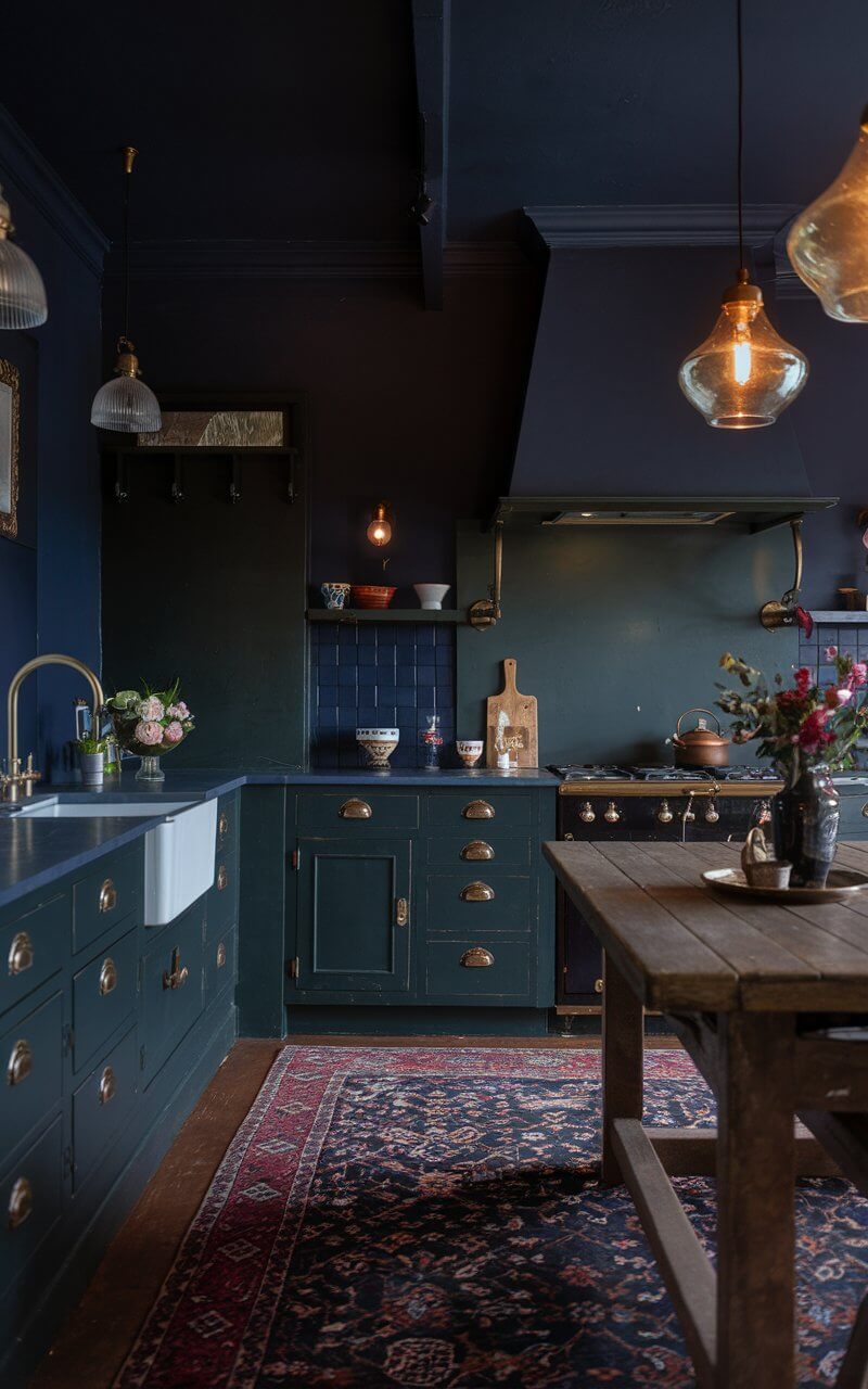 A photo of a vintage-inspired kitchen with deep moody hues on the walls, such as rich navy blue and forest green. The cabinets are painted a dark, matte shade, while antique brass handles and fixtures add a luxurious contrast. A vintage Persian rug in dark reds and blues lies beneath a large farmhouse table, adding texture and warmth. Overhead, antique glass pendant lights cast a warm glow, accentuating the room’s rich color palette. The overall feel is intimate and cozy, evoking a sense of timeless sophistication.