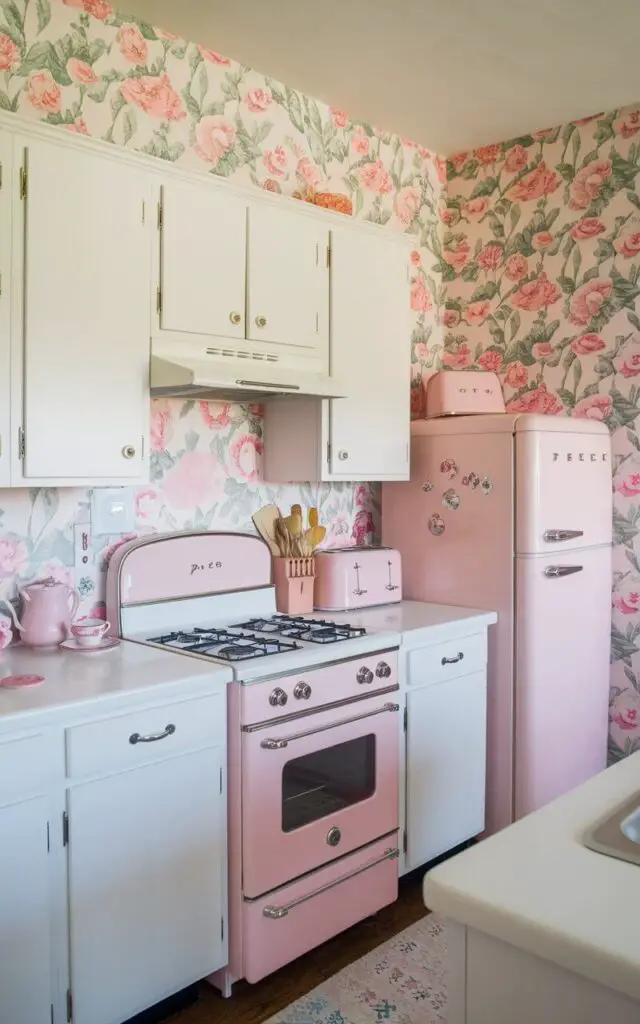 A vintage kitchen with pastel pink accents throughout. The soft pink color is introduced through retro-style appliances, such as a pastel pink fridge and matching pink toaster. White cabinetry contrasts beautifully with the playful pink, and small details like pink ceramic bowls and teacups add to the theme. Vintage floral wallpaper covers one accent wall, tying together the pastel palette and creating a whimsical, feminine atmosphere. The overall look is playful yet sophisticated, offering a nod to 1950s kitchen design.