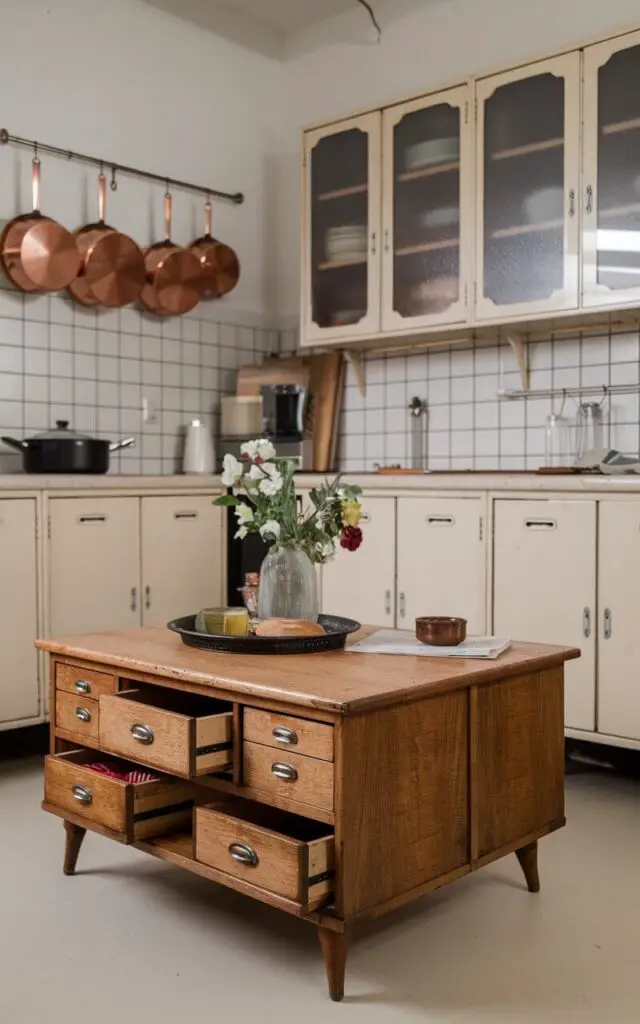 A compact vintage kitchen featuring a large, rustic wooden coffee table in the center, doubling as a functional storage space. The table has deep drawers and compartments to store kitchen essentials, while its worn surface tells the story of years of use. Copper pans hang from a mounted rack above the table, offering easy access. Nearby, vintage metal cabinets with frosted glass doors provide additional storage. The overall ambiance is one of practicality and charm, with retro design elements blending seamlessly into the space.