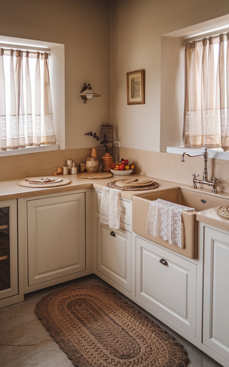 A photo of a vintage kitchen with a minimalist design. The kitchen has a beige and white color scheme, with a beige wall, white cabinets, and a beige countertop. There is a farmhouse kitchen sink with a faucet on the countertop. The floor has an antique braided rug. There are woven placemats and lace table runners on the countertop. There are also curtains on the windows. The overall space has a warm and inviting atmosphere, with a blend of tactile richness and classic beauty.