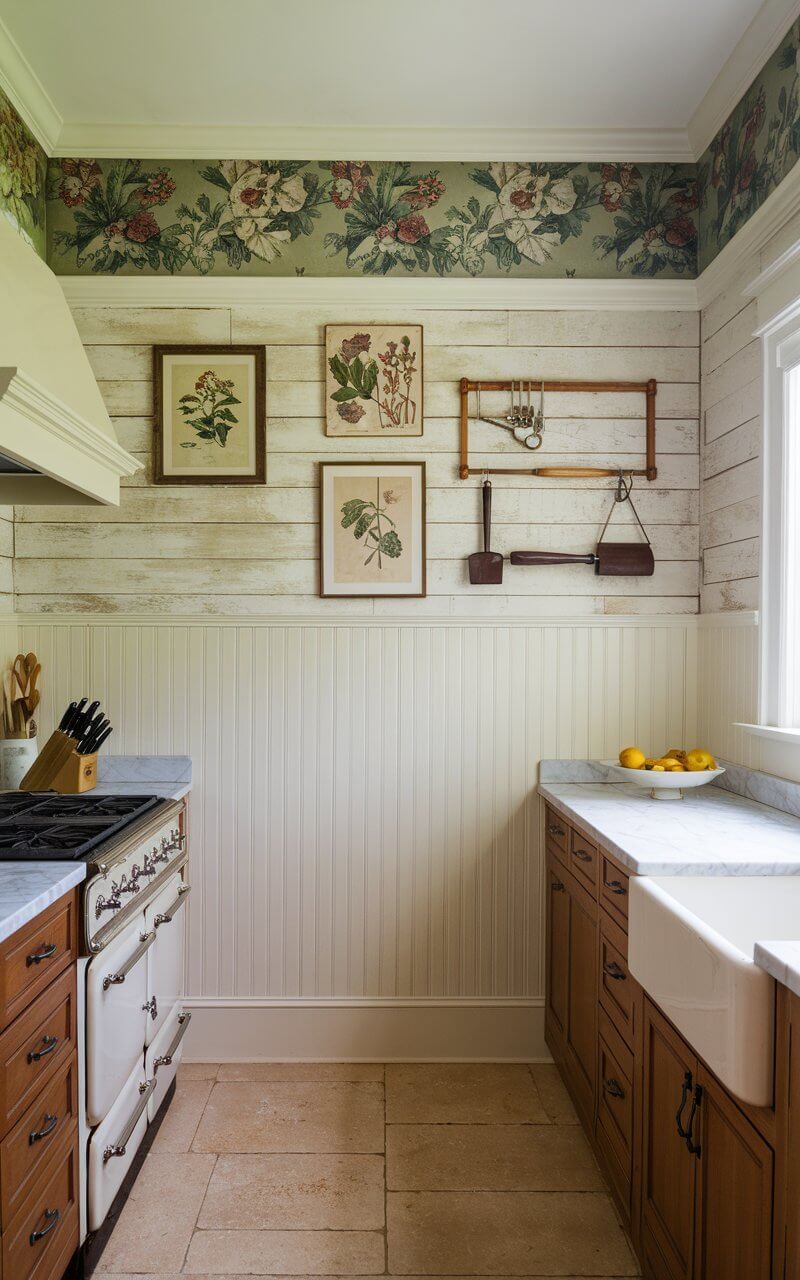 A vintage-inspired kitchen with beadboard paneling on the lower half of the walls, painted in a soft, creamy hue. Above, there is vintage floral wallpaper with intricate detailing. An accent wall features aged shiplap, adding a rustic farmhouse feel. Framed antique botanical prints and retro kitchen tools hang artfully on the wall. The room has a wooden cabinet with a marble countertop, a vintage stove, and a white sink. The floor is made of beige tiles.