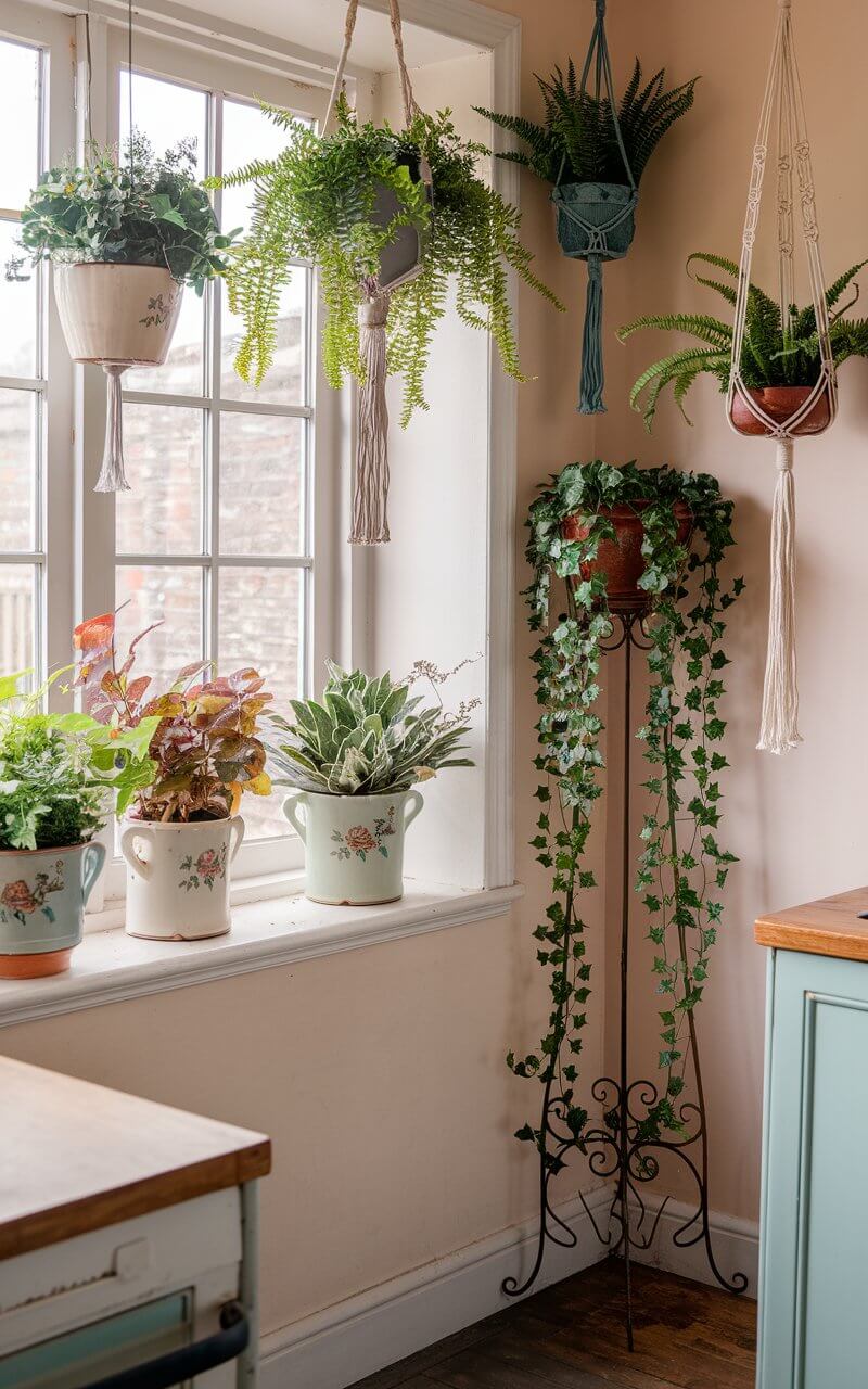 A photo of a charming vintage kitchen with an assortment of vintage planters, each overflowing with lush greenery. Classic ceramic pots with delicate floral motifs sit gracefully on windowsills, catching the warm glow of the sun. An antique wrought-iron plant stand holds cascading ivy, adding a touch of life to the corner of the kitchen. Hanging from the ceiling, an assortment of retro macramé plant holders dangle, cradling ferns and trailing pothos. This infusion of nature softens the space, enhancing its nostalgic charm while providing a fresh and inviting atmosphere.