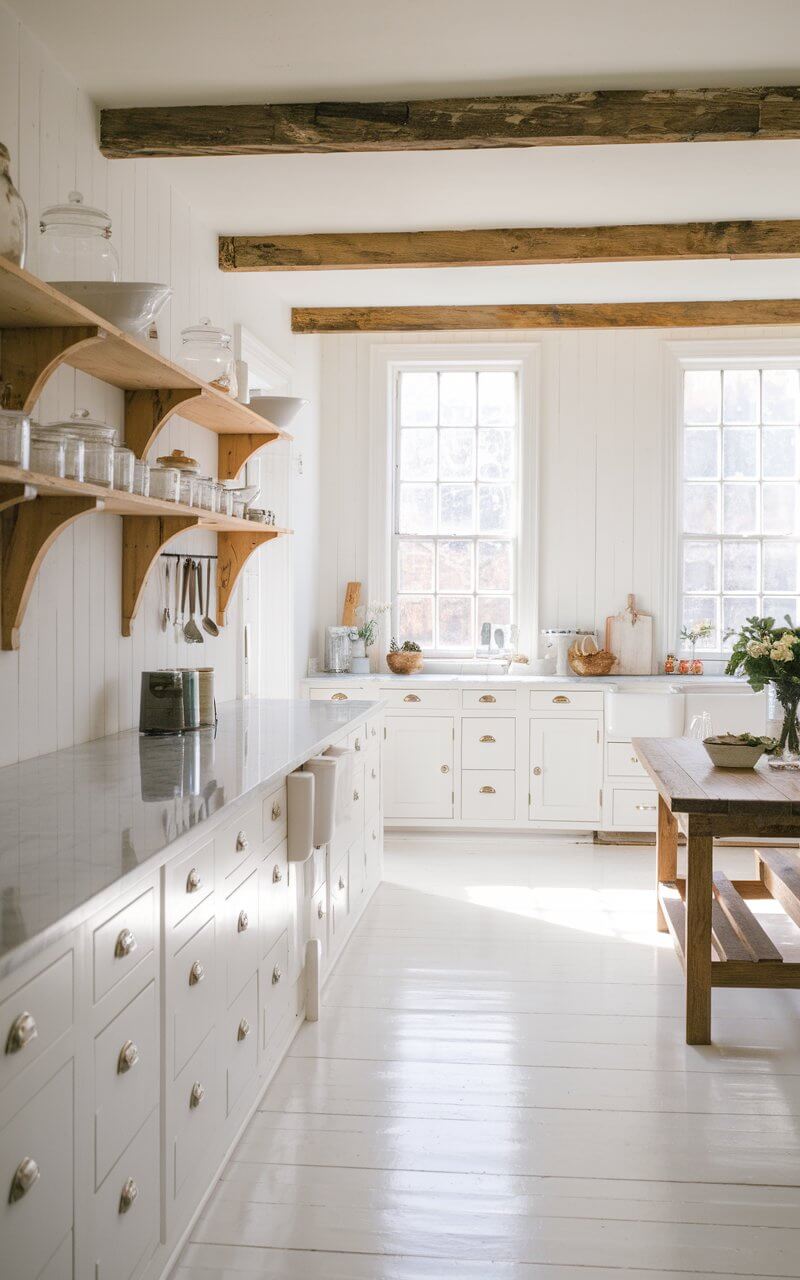 A photo of a bright and airy vintage kitchen with a clean, crisp white color scheme. The white cabinetry is complemented by warm, reclaimed wood details, such as exposed shelving and a farmhouse-style dining table. The countertops are a gleaming white marble, reflecting the natural light streaming in through large windows. The wood details are raw and unpolished, adding texture and a sense of history to the space. Vintage glass jars and utensils are neatly arranged on the wooden shelves, creating a harmonious blend of old and new.