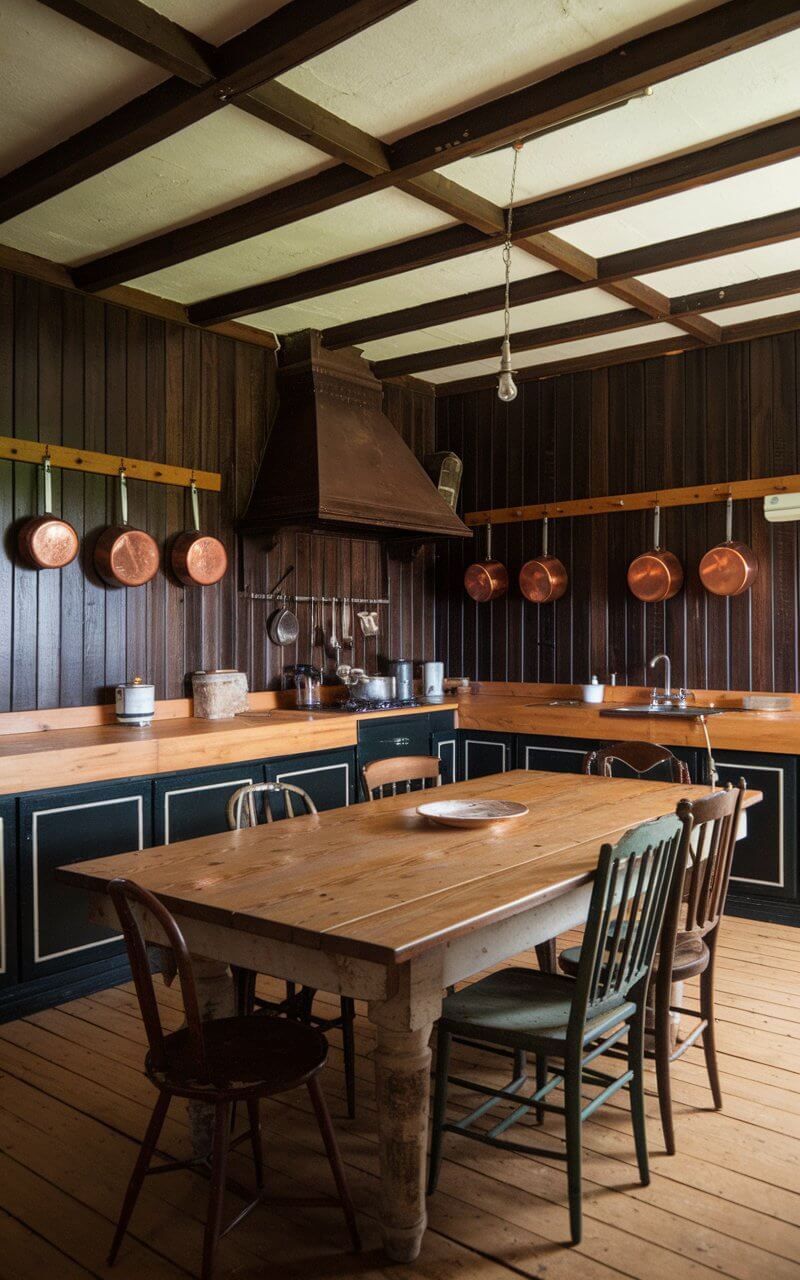 A charming vintage kitchen with natural wood elements prominently featured. The walls are paneled with dark wooden slats, and the ceiling is adorned with exposed beams, giving the space a warm, rustic feel. A wooden butcher block countertop with visible grain provides a functional workspace. A large antique wooden dining table sits in the middle of the room, surrounded by mismatched vintage chairs. Copper pots hang from hooks above the table, reflecting the ambient light. The combination of wood and copper gives the space an elegant, old-fashioned feel.