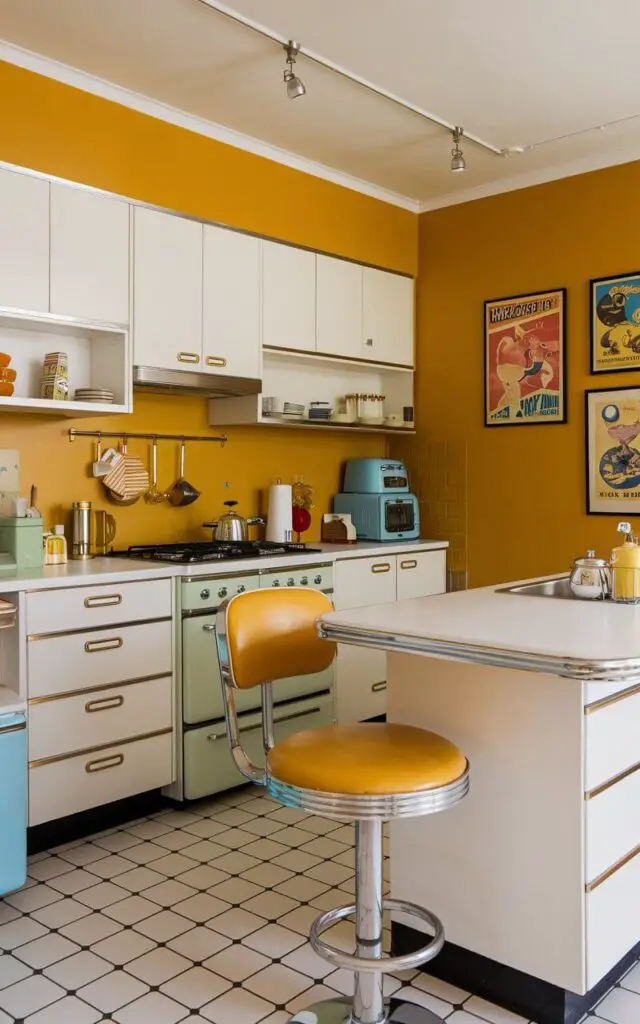 A vibrant vintage kitchen with walls painted in a bold mustard yellow, creating an immediate retro feel. White cabinetry with brass handles contrasts against the yellow backdrop, while vintage appliances in pastel shades of blue and green add playful, nostalgic charm. A chrome-plated diner stool with mustard-colored vinyl seats stands near the kitchen island. The walls are adorned with vintage posters and framed illustrations, further enhancing the retro aesthetic. This kitchen feels lively and fun, combining vintage decor with a modern flair.