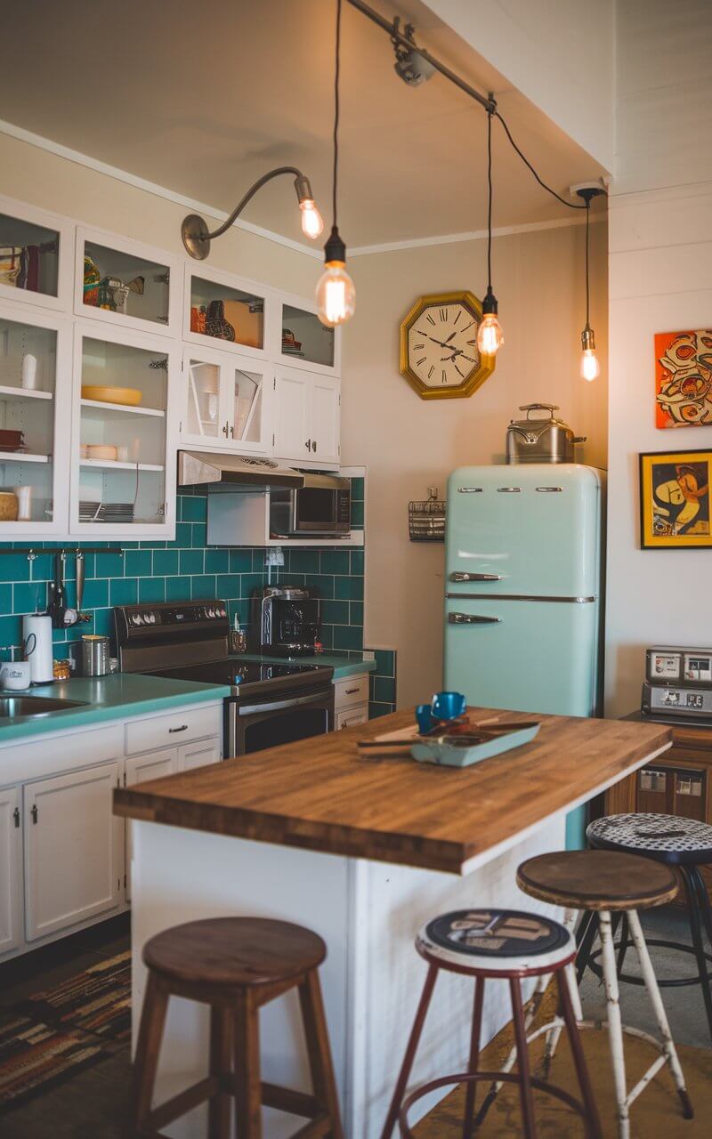 A photo of a kitchen with a blend of modern and vintage elements. The kitchen has white cabinets, a teal backsplash, a retro-inspired refrigerator, and stainless-steel appliances. There is a butcher block island with mismatched vintage stools. Pendant lights with Edison bulbs hang overhead. The walls have a vintage clock and mid-century art. The overall ambiance is warm and inviting.