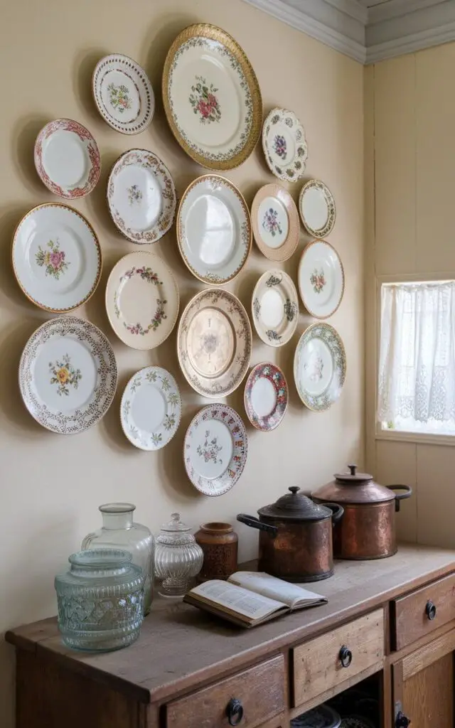 A photo of a vintage kitchen with a striking wall arrangement of antique plates in varying sizes and intricate designs. The plates, showcasing floral patterns and gilded edges, are carefully arranged to create a harmonious focal point above a rustic wooden sideboard. The sideboard holds a collection of antique glass jars, copper pots, and a small, weathered cookbook. Soft cream-colored walls provide a perfect backdrop for the display, and a small window with lace curtains allows natural light to highlight the delicate textures and patterns.