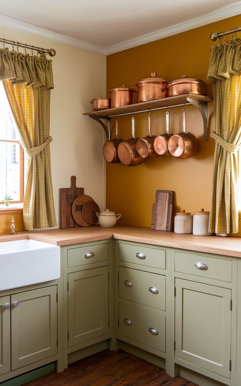 A vintage-inspired kitchen with a warm color palette. The cabinets are painted in a soft sage green, contrasting with cream-colored walls. A vibrant pop of mustard yellow appears on an accent wall, creating a warm focal point. Vintage copper pots hang neatly on a wooden rack, their rich tones complementing the color palette. The countertops feature wooden cutting boards and ceramic jars. Retro-patterned curtains in the same yellow shade frame the window, pulling the look together.