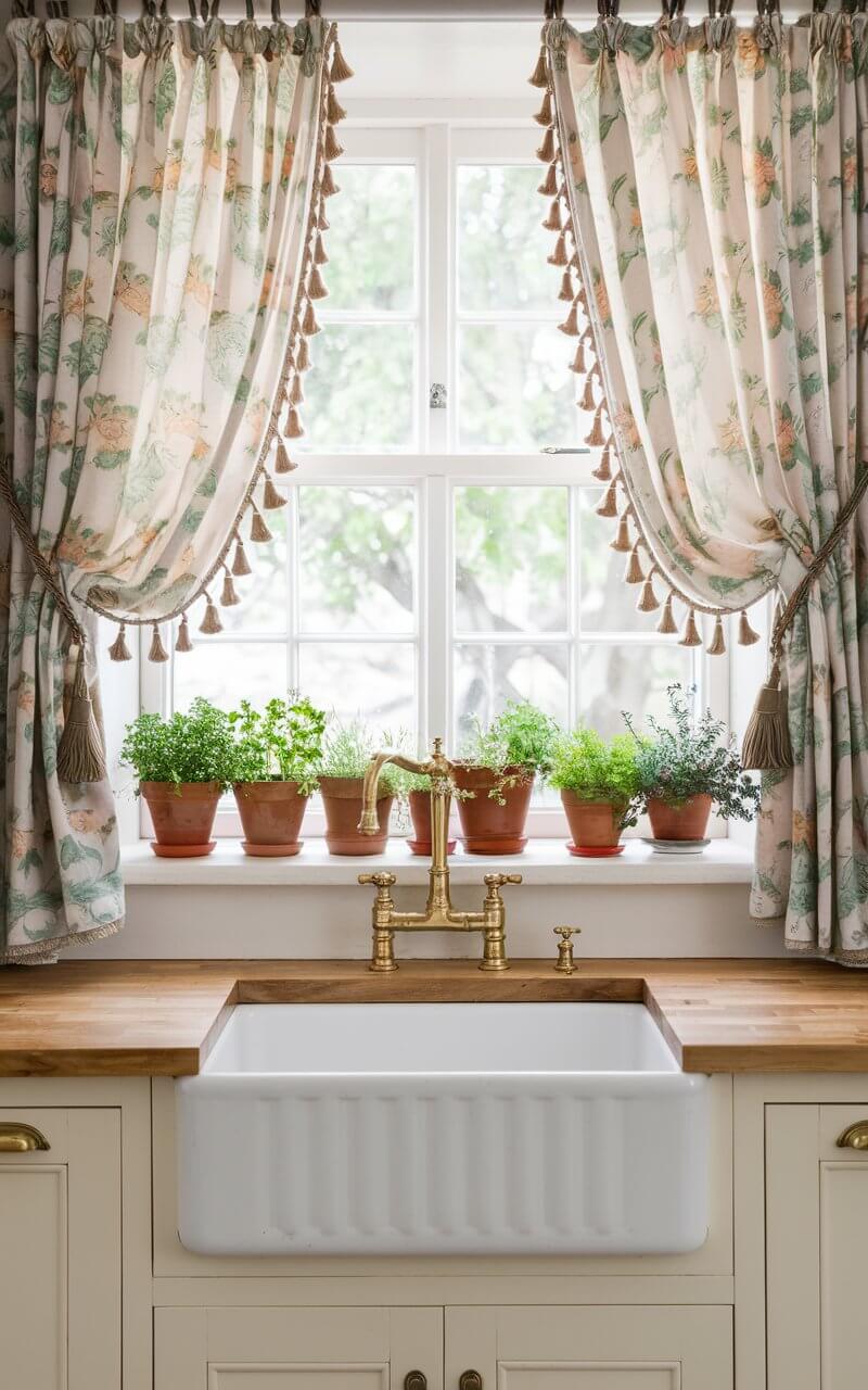 A photo of a quaint kitchen with a window framed by vintage-inspired curtains in a soft floral print. The curtains are tied back with decorative tassels, allowing natural light to flood the space. Below the window, a brass modern kitchen faucet and white porcelain farmhouse sink are surrounded by wooden countertops. Potted herbs line the windowsill, adding a fresh, vibrant touch. The rest of the kitchen features classic white cabinets with brass handles, completing the timeless look.