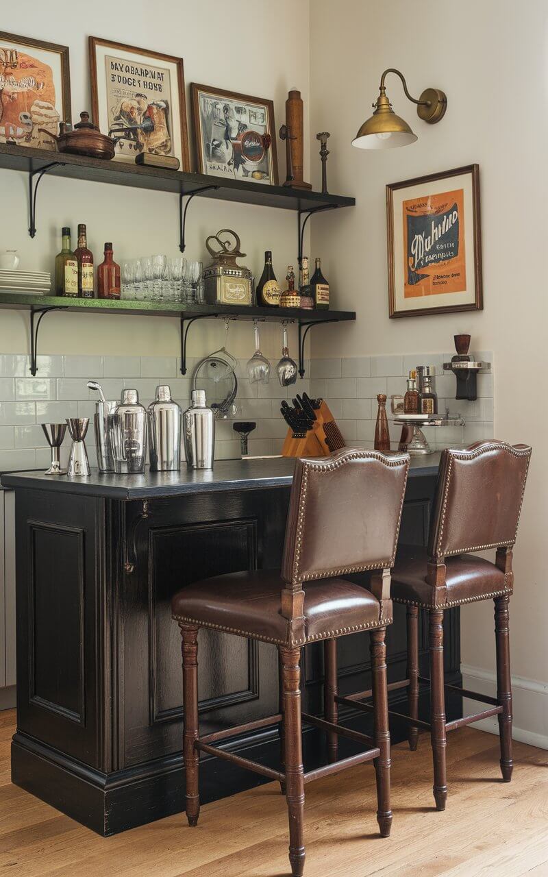 A dedicated corner of the kitchen transformed into a vintage home bar. A dark-stained wooden bar counter is adorned with classic cocktail shakers, vintage glassware, and retro bottles. Above, open shelves display a collection of antique bar tools and framed artwork with vintage advertisements. A pair of high-back stools with studded leather upholstery complete the setup, while a nearby wall-mounted bottle opener adds a practical touch. Soft ambient lighting from a brass sconce highlights the nostalgic elegance of the bar area.