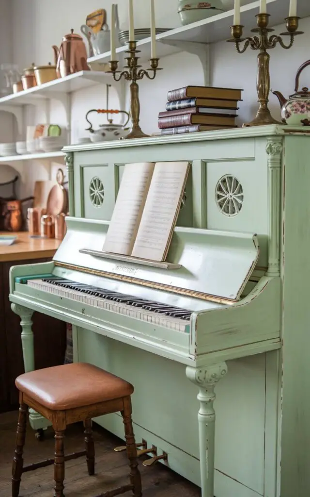 A charming kitchen with a vintage upright piano tucked against a wall. The piano is painted in a distressed pastel mint green. It serves as both a functional instrument and a decorative piece, with antique candelabras and a stack of classic cookbooks displayed on its top. A nearby wooden stool with a cushioned seat matches the piano's vintage appeal. The surrounding space includes open shelving with vintage kitchenware, such as enamel teapots and copper pans. The piano's worn keys and weathered finish add a sense of history and charm.