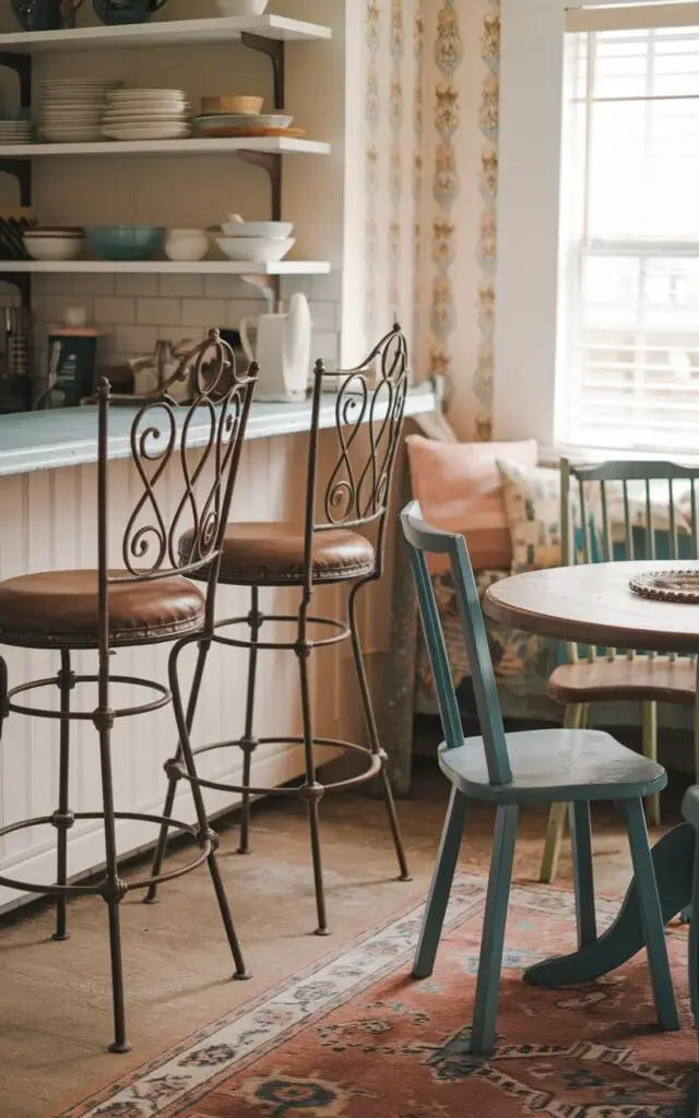 A photo of a cozy kitchen corner with a vintage decor. There are antique bar stools with intricate wrought-iron frames and padded leather seats standing by a retro breakfast counter. Nearby, there is a mix of mismatched wooden chairs with different vintage paint finishes surrounding a small round dining table. The seating arrangement is completed with a refurbished church pew, adding a rustic yet elegant touch. Soft cushions in pastel hues adorn the seating, while a retro patterned area rug ties the space together.