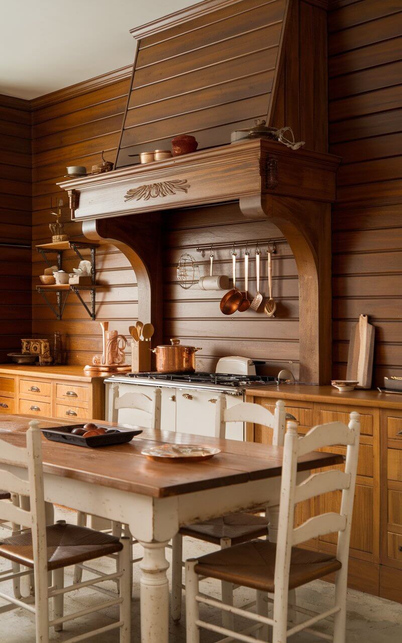 A vintage kitchen with a farmhouse table and chairs. The walls are made of horizontal wood slats, stained in a deep honey tone. Above the stove, there is a wooden hood with carved detailing. Copper utensils and a hanging pot rack are placed in the kitchen. The overall design has a warm and charming atmosphere.