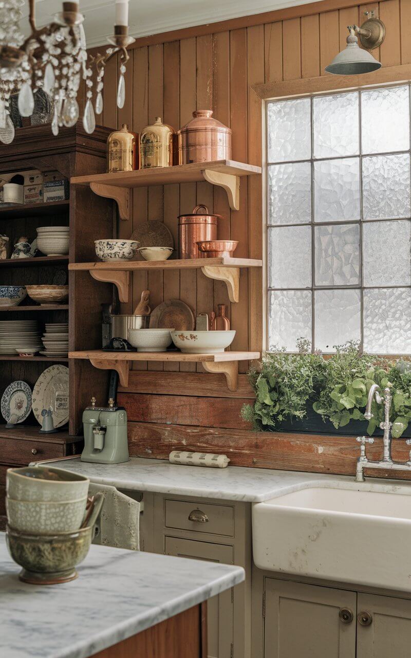 A photo of a vintage kitchen with warm and characterful wooden beadboard paneling. There are floating wooden shelves above the countertops, displaying an eclectic mix of ceramic dishes, vintage tins, and copper cookware. The kitchen has a reclaimed wood backsplash and marble countertops. Above the sink, there's a large, slightly wavy glass window with a view of a lush herb garden. The kitchen has an antique chandelier with delicate crystal accents and a wooden hutch with neatly stacked linens, heirloom china, and cookbooks.