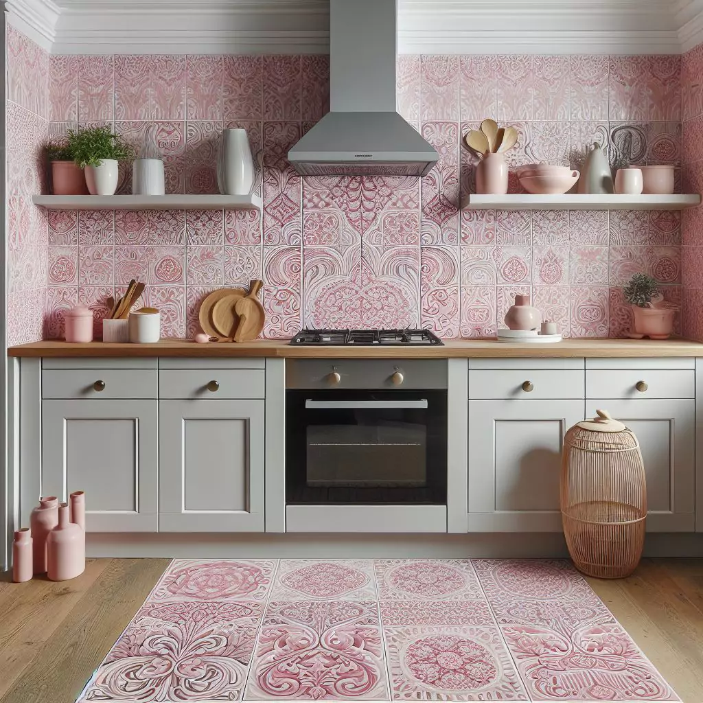 "Kitchen enhanced by pink patterned tiles, serving as a striking focal point on the backsplash or flooring. A playful and stylish aesthetic adds character and depth for a visually captivating atmosphere."