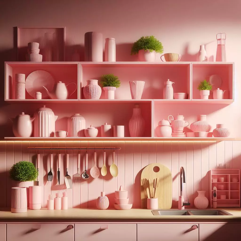 "Pink-themed kitchen with stylish pink floating shelves, adding a pop of color and functional storage. The organized display enhances the chic aesthetic of the space."