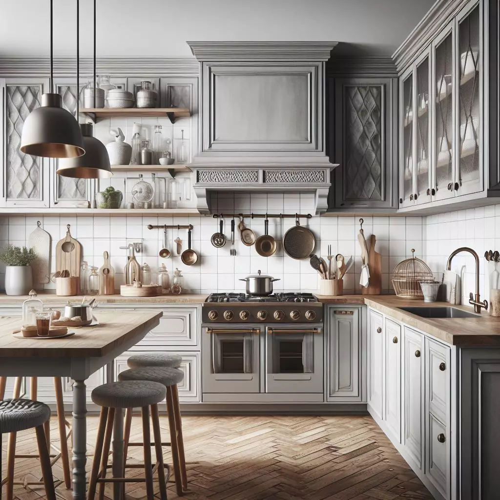 "Kitchen with clean lines and vintage charm, featuring cabinets, fixtures, and accessories that merge modern aesthetics with classic details for a cohesive and stylish look."