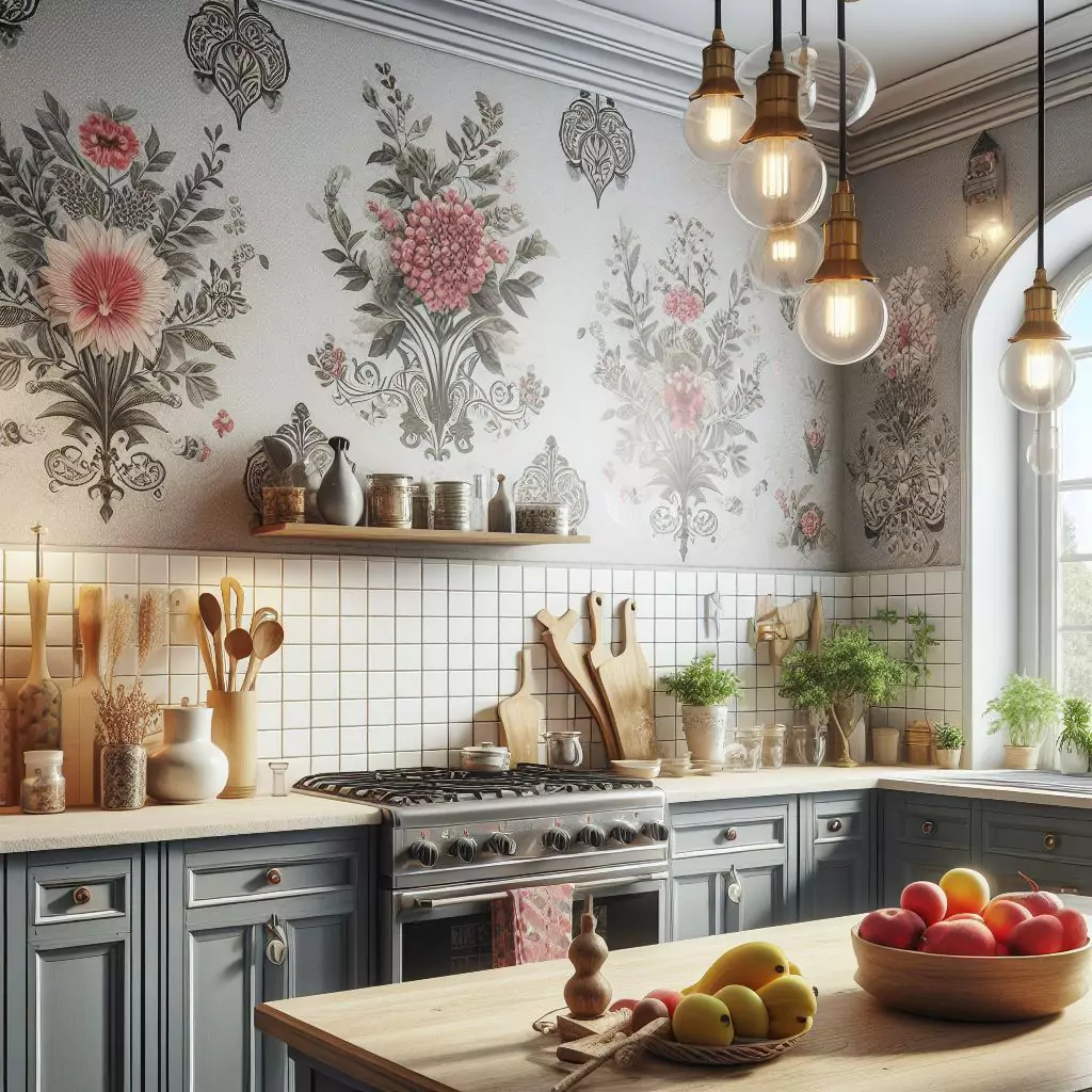 "Kitchen with creative solutions, using vintage-inspired peel-and-stick wallpaper, removable decals, or unique accessories to infuse personality and charm within design restrictions."