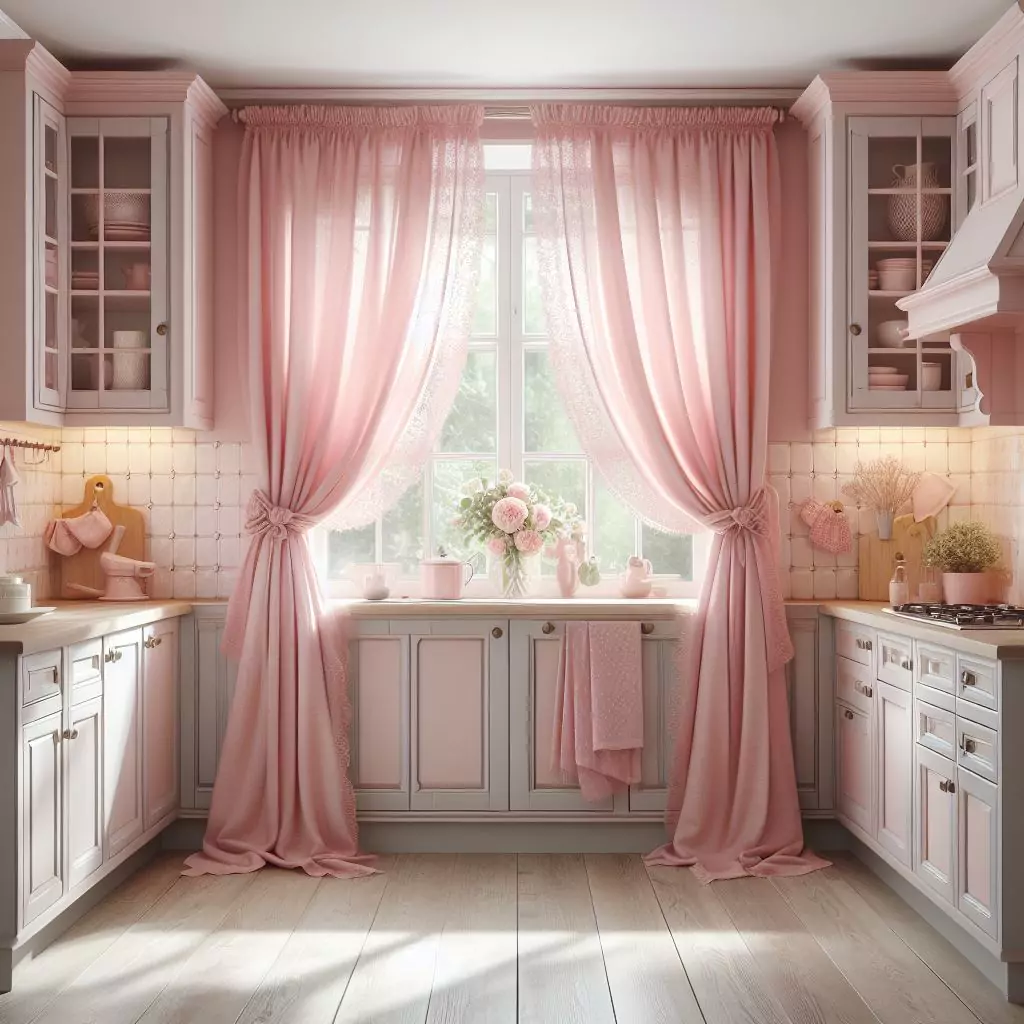 "Kitchen adorned with charming pink curtains, adding warmth and sophistication. The soft hue complements the overall pink kitchen decor, creating a stylish and inviting ambiance."