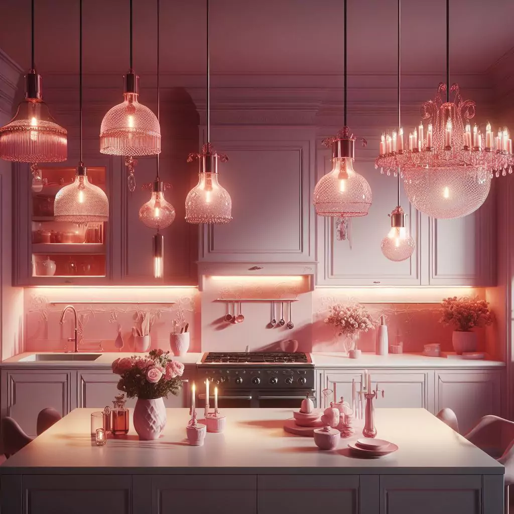 "Kitchen illuminated by stylish pink light fixtures in varying shades. Pendant lights, chandeliers, or sconces add sophistication, serving as both functional and decorative elements for an elegantly lit pink kitchen."