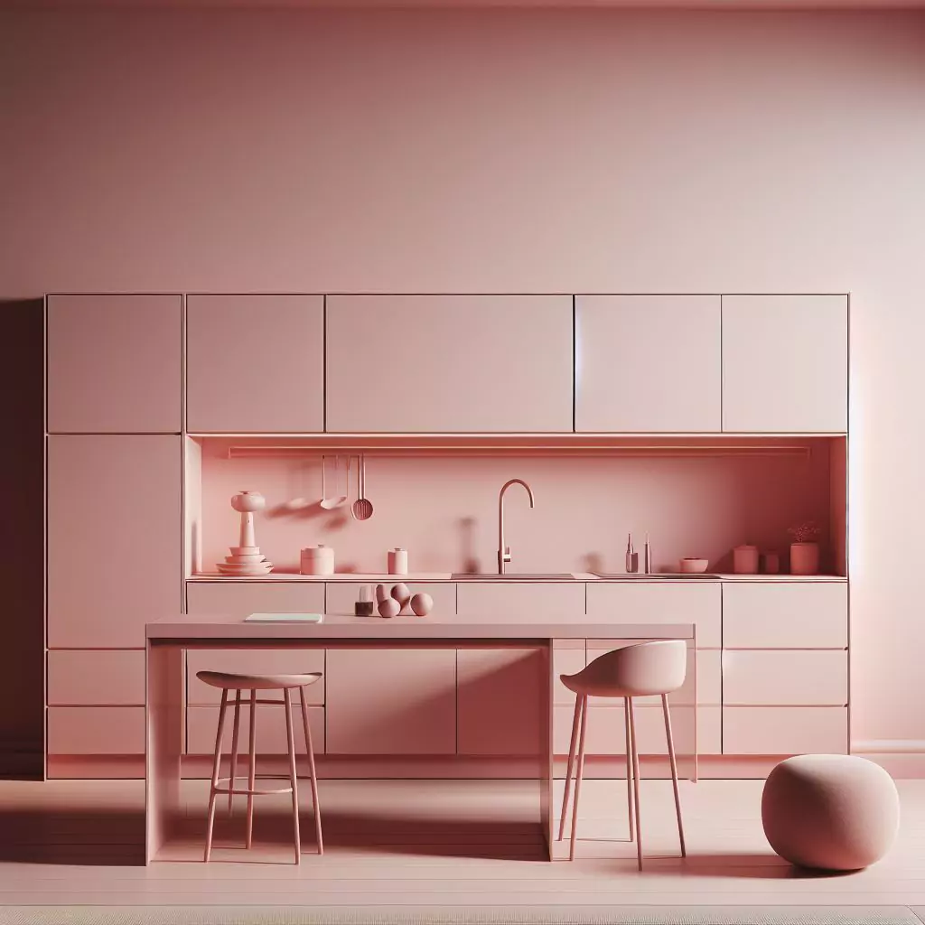 "A minimalist pink kitchen with sleek surfaces and discreet storage solutions, creating a clean and modern design."
