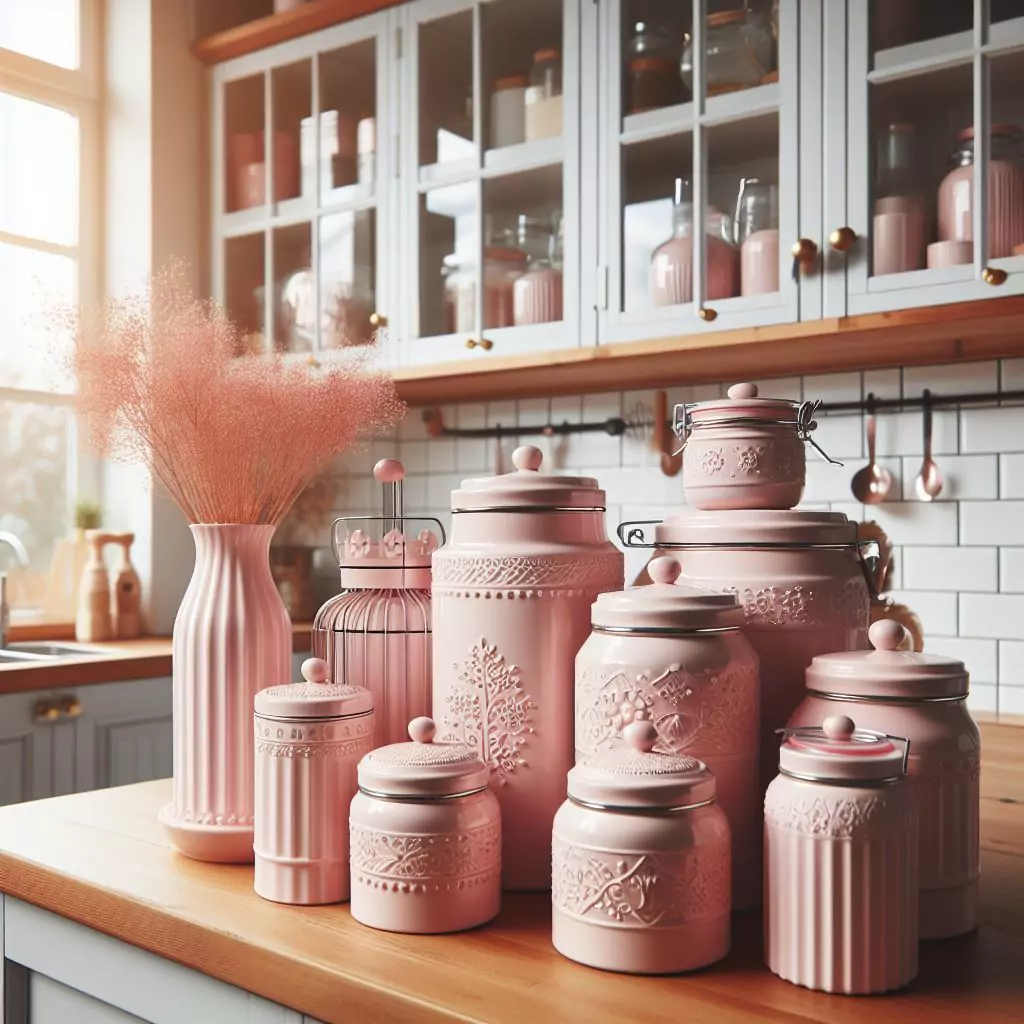 "A modern kitchen featuring pink canisters for storage, combining functionality with a stylish pop of color."