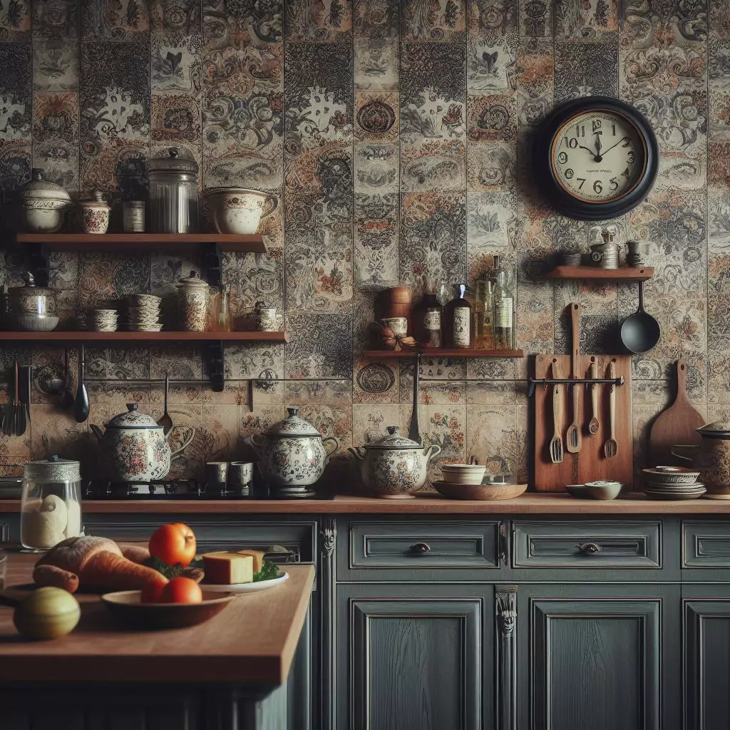 "Kitchen with vintage-inspired moody wallpaper, creating a backdrop that adds character and depth, embracing nostalgia in the culinary haven."
