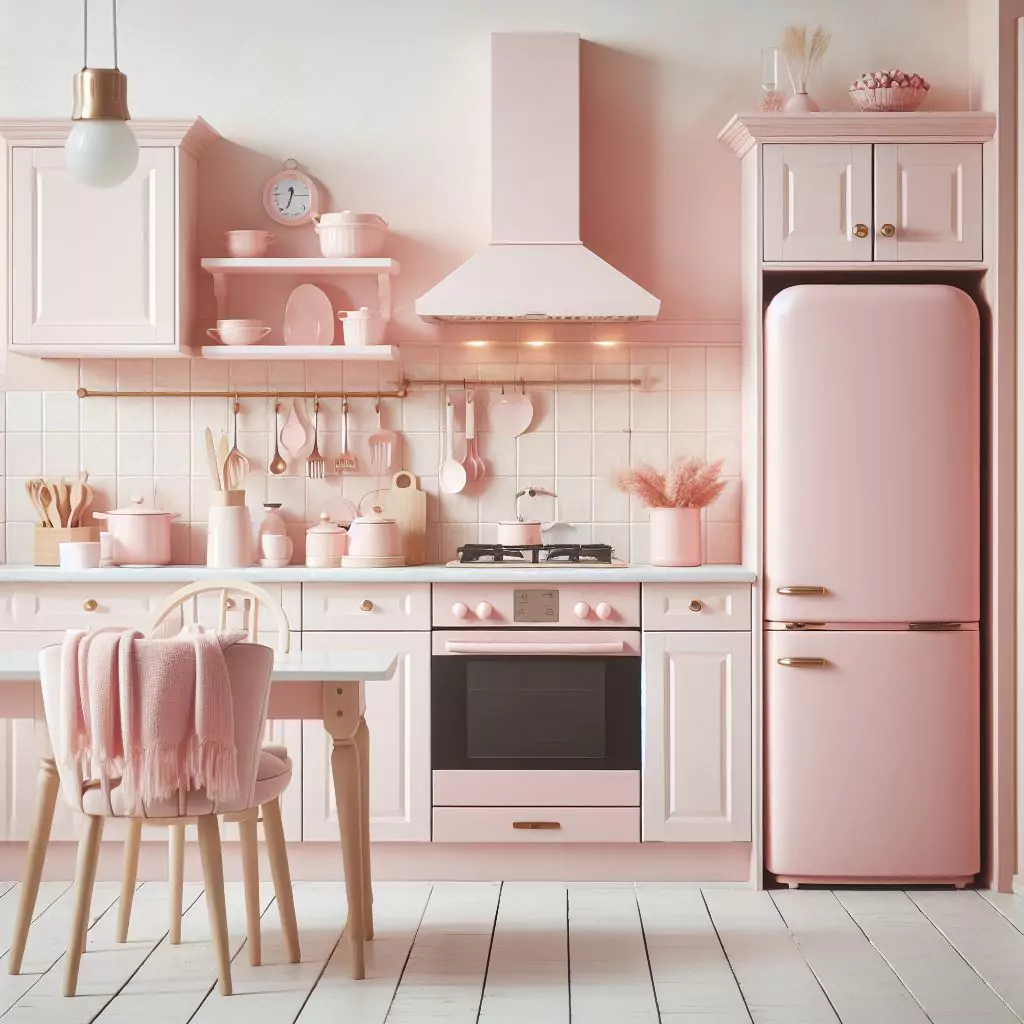 "Kitchen with pastel pink appliances, infusing a charming and cohesive aesthetic. Soft-hued appliances add a delightful touch of color, contributing to a harmonious pastel theme for a visually appealing and modern kitchen space."