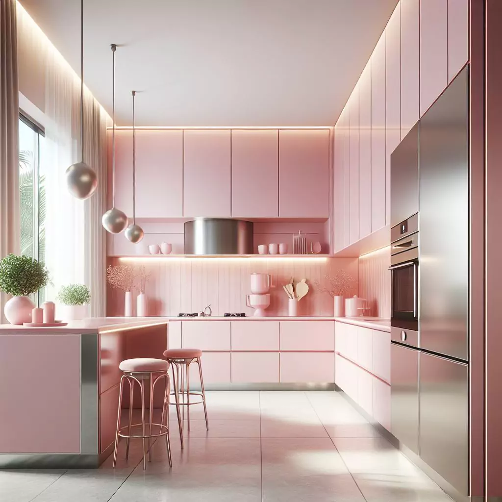 "Chic kitchen with a modern blend of pink and stainless steel finishes. The balanced design achieves a contemporary and stylish aesthetic."