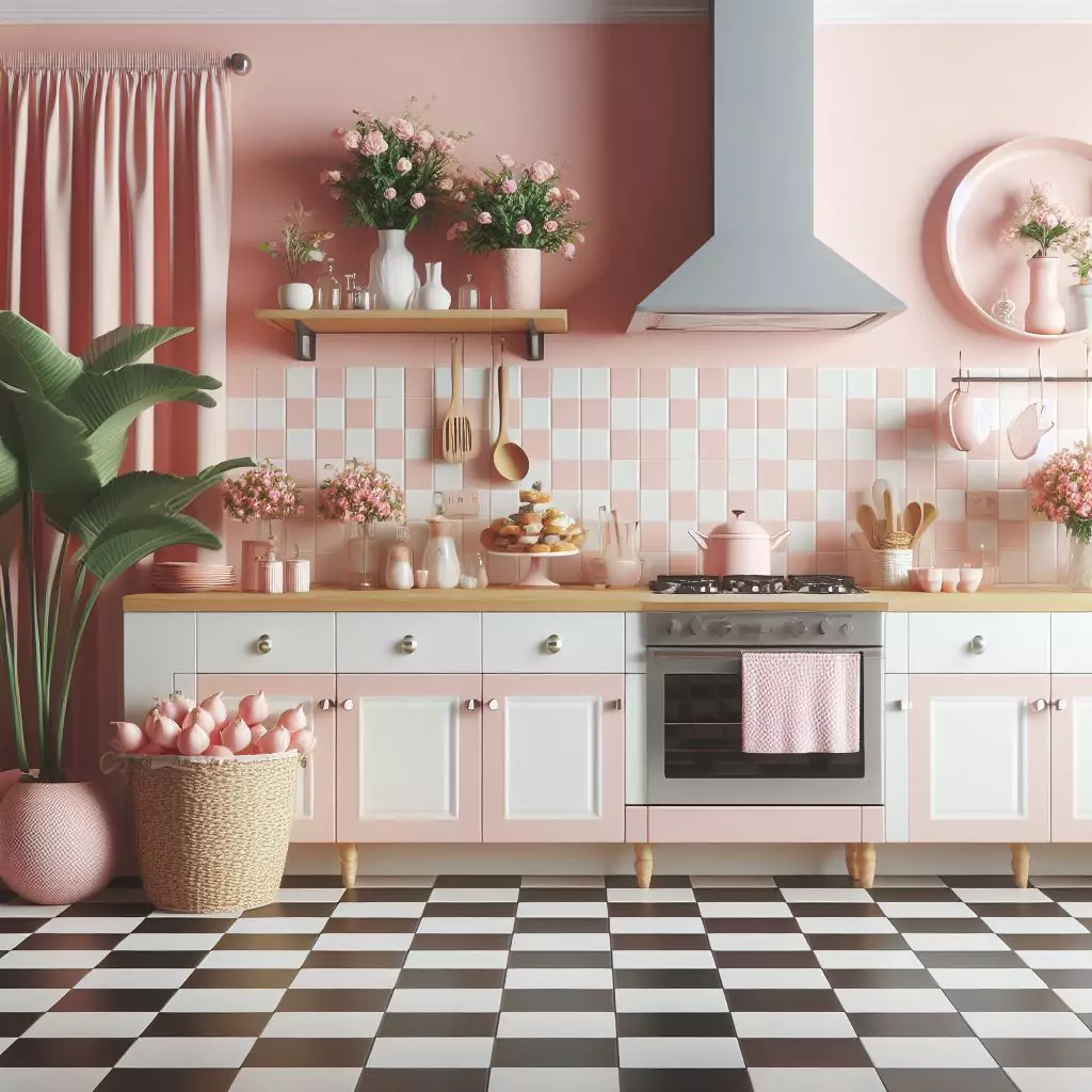 "Playful kitchen design with pink and white checkerboard flooring, adding a touch of nostalgia and whimsy to the retro-inspired space."