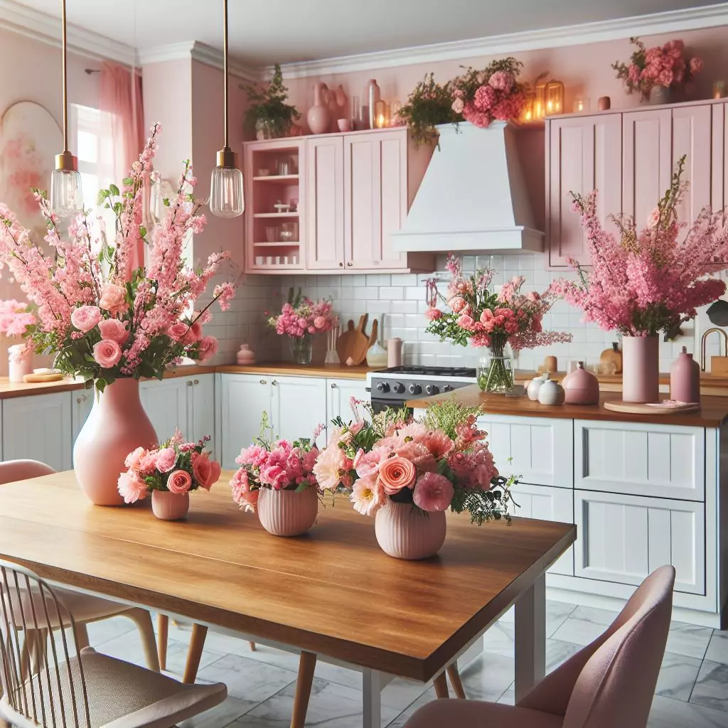 "Kitchen adorned with pink floral arrangements on the dining table, kitchen island, or countertops. The refreshing and vibrant blooms add a natural touch, creating a visually appealing and cohesive atmosphere in the pink-themed space."