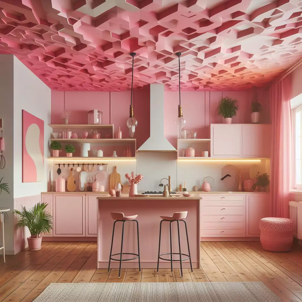 "A kitchen with a creatively decorated pink ceiling, adding vibrancy and a unique touch to the overall decor of the contemporary space."