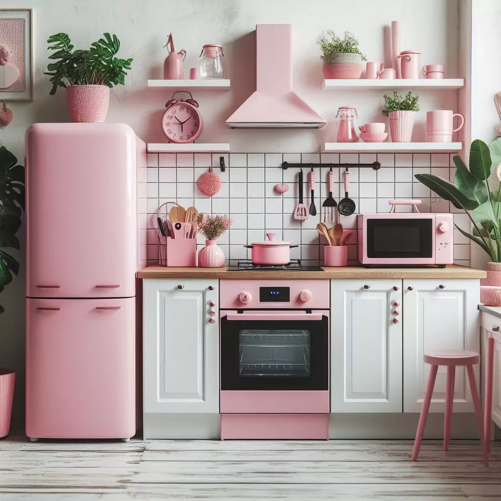 "Kitchen countertop featuring stylish pink appliances, adding a pop of color and modern flair to the contemporary culinary space."