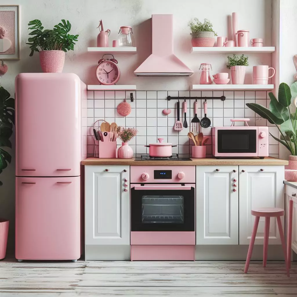 "Kitchen countertop featuring stylish pink appliances, adding a pop of color and modern flair to the contemporary culinary space."
