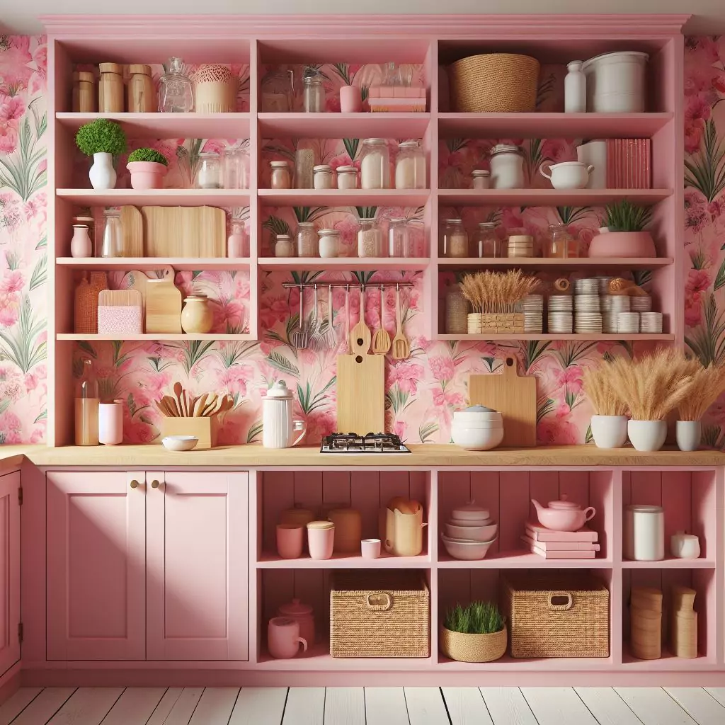 "Stylish kitchen pantry with vibrant pink-painted or wallpapered shelves, adding warmth and personality to the storage space."