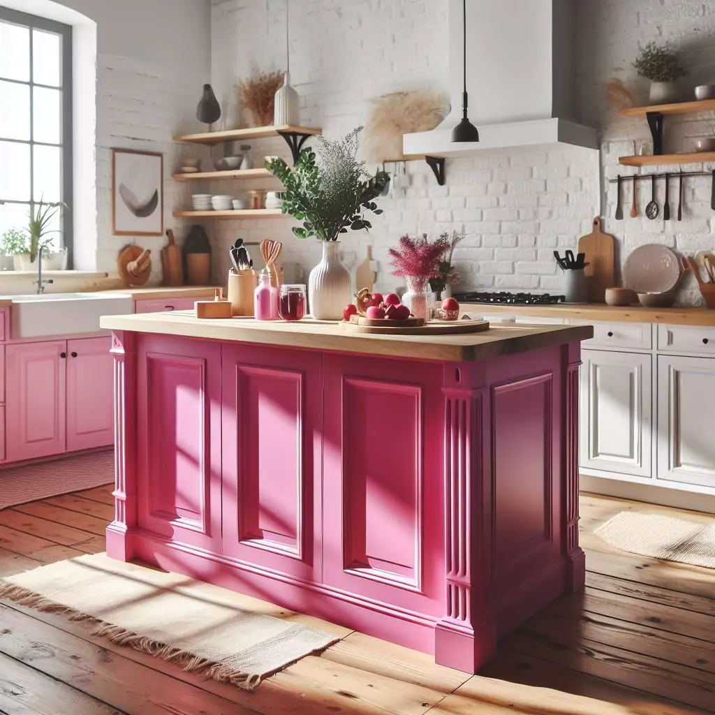 "A kitchen island painted in a striking pink hue, adding vibrancy and a touch of bold elegance to the contemporary kitchen space."