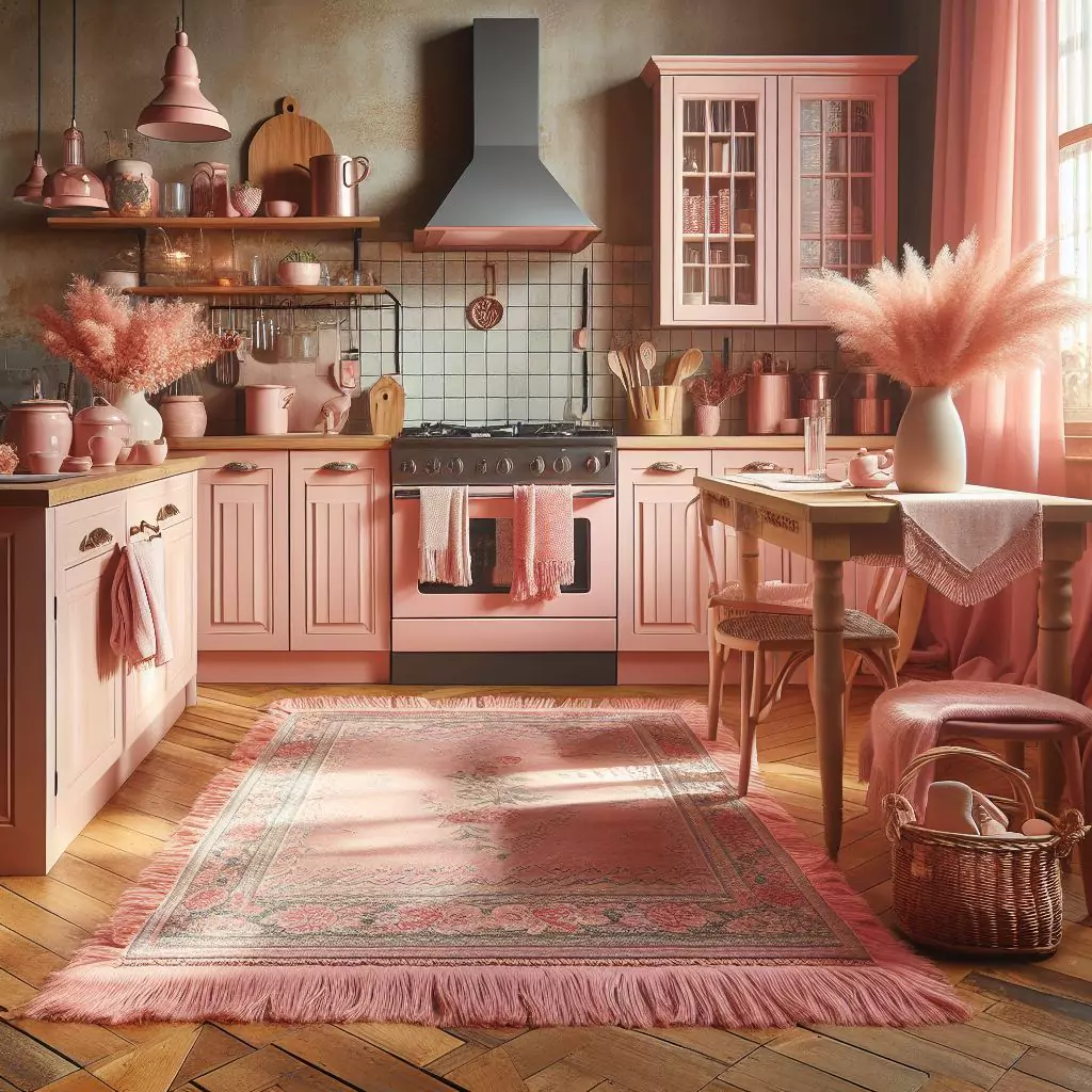 "A well-designed kitchen featuring a stylish pink rug, adding warmth and charm to the contemporary decor."