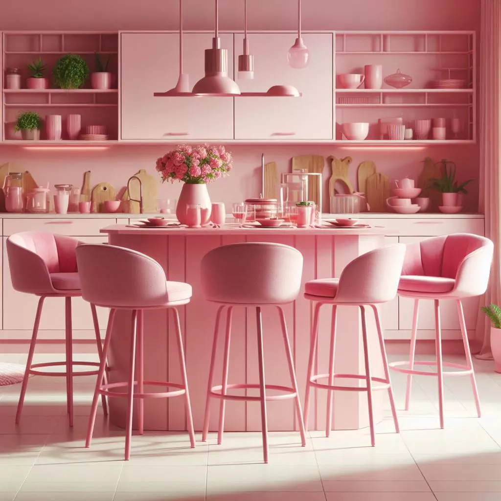 "Pink-themed kitchen with stylish pink barstools, adding a playful touch to the decor. The cohesive design creates an inviting space for dining and socializing."