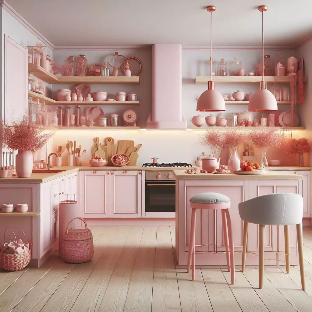 "A kitchen adorned with various shades of pink, creating a cohesive and stylish color scheme."